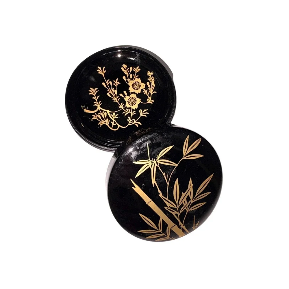 Vtg Japanese Black Gold Lacquerware Coaster Set 6pc with Lidded Box Japan